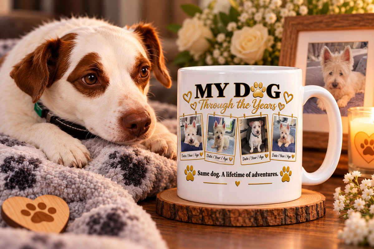 Ringo beside a personalised Pet Memorial 15oz mug with custom pet photo and name