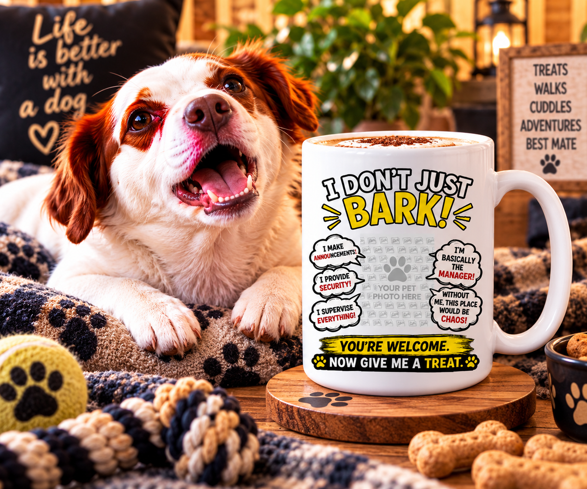 Ringo beside an I Don't Just Bark 15oz mug – funny dog lover gift