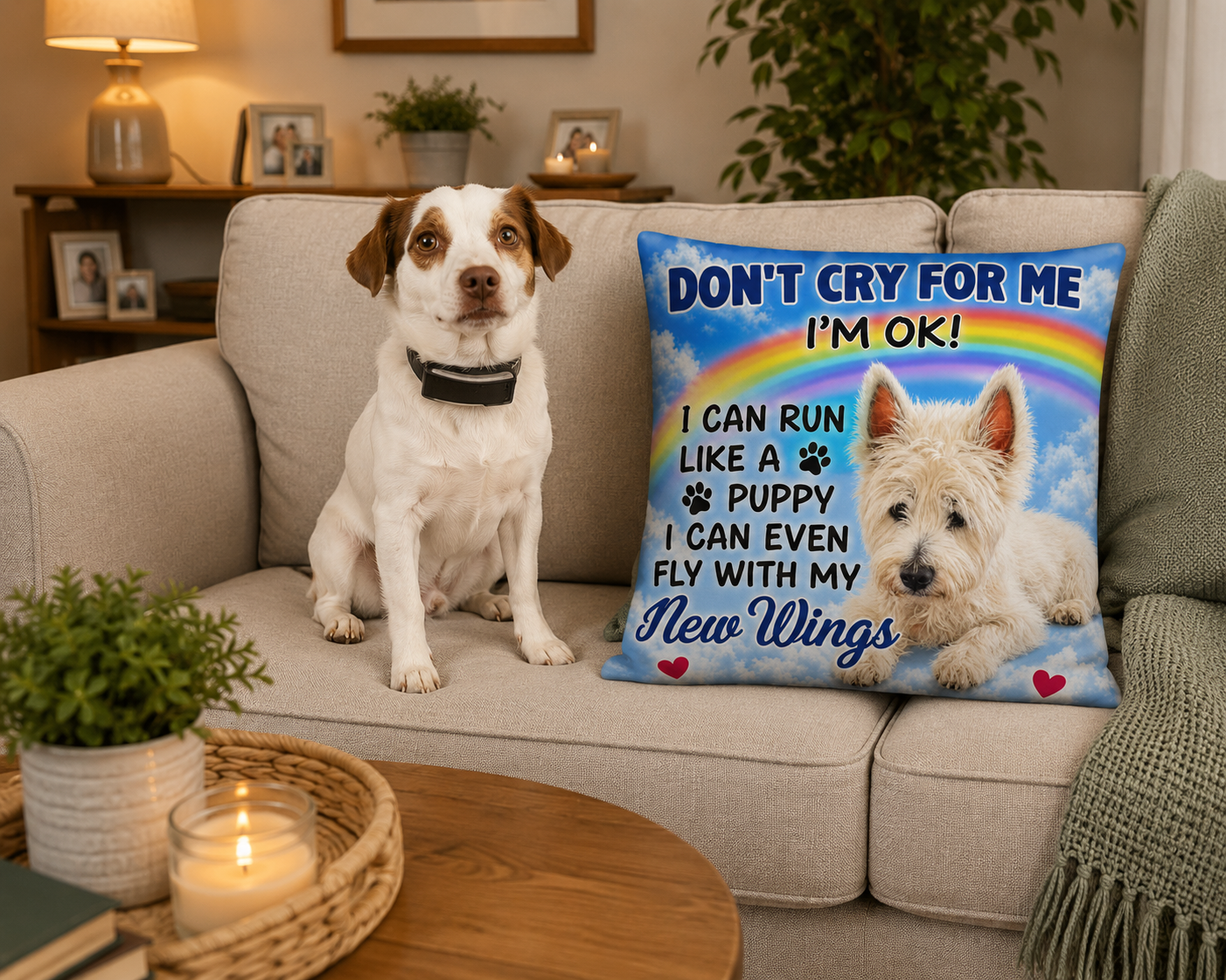 Personalised Pet Memorial Pillow – Don't Cry For Me, I'm OK Rainbow Bridge Cushion