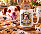 Ringo beside a personalised Dog Nan 15oz mug with custom dog photo and name