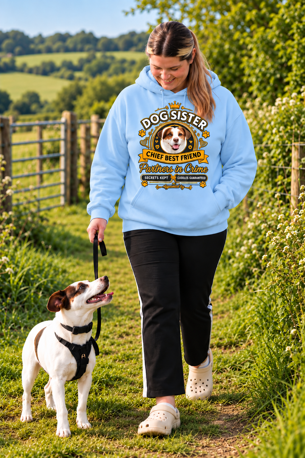 A woman walking a small white and brown dog on a grassy path outdoors, wearing a light blue hoodie with a large 'Dog Sister' graphic print on the front.