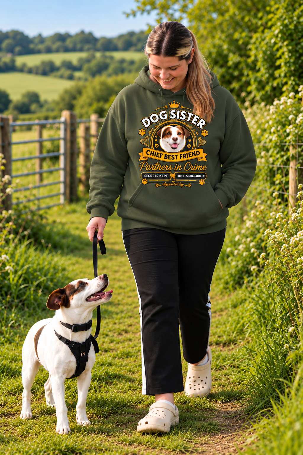 A woman walking a Jack Russell Terrier on a grassy path wearing an olive green hoodie with a 'Dog Sister Chief Best Friend' graphic, black pants, and white clogs.