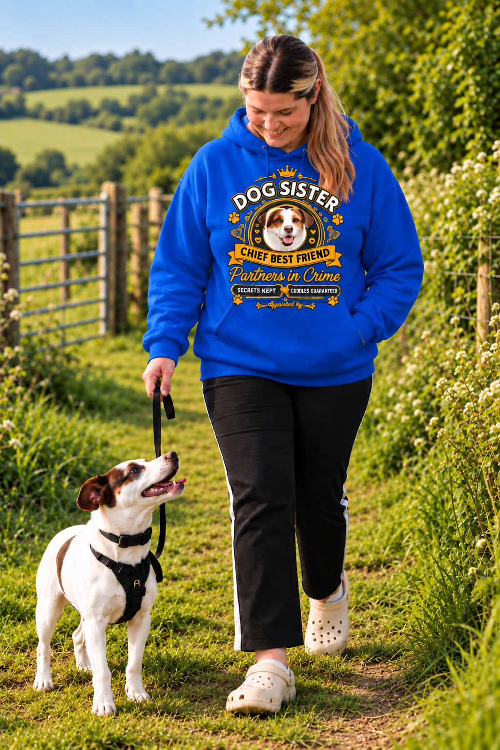 A woman walking a white and brown dog on a grassy outdoor path, wearing a bright blue hoodie with a large graphic print that reads 'DOG SISTER CHIEF BEST FRIEND The Power of Love' and black pants.