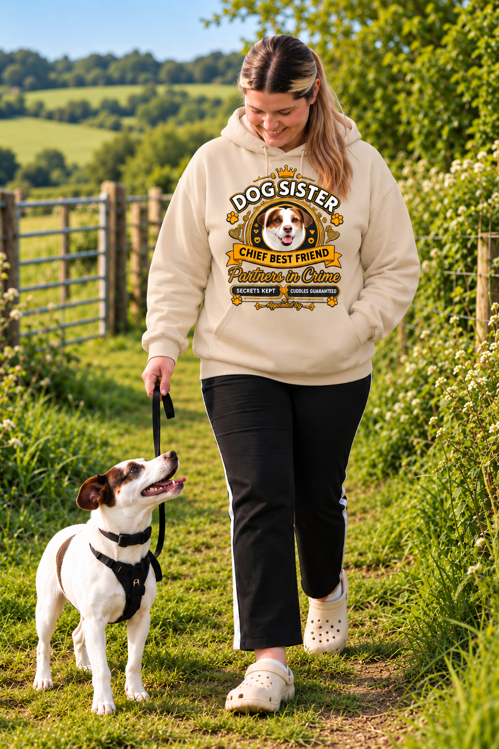 A woman walking a small white and brown dog on a grassy outdoor path. She is wearing a cream-colored hoodie with a 'Dog Sister' graphic print, black pants, and white clogs.