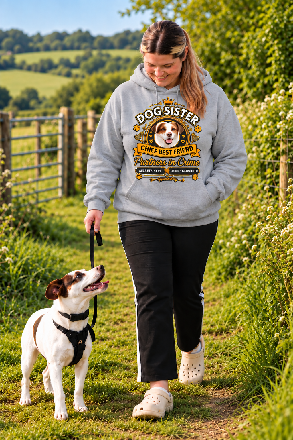 A woman walking a white and brown dog on a grassy path outdoors, wearing a light gray hoodie with a 'Dog Sister' graphic print. The hoodie features a cartoon dog face and text that reads 'Dog Sister Chief Best Friend' and 'Pup Parent & Owner'.
