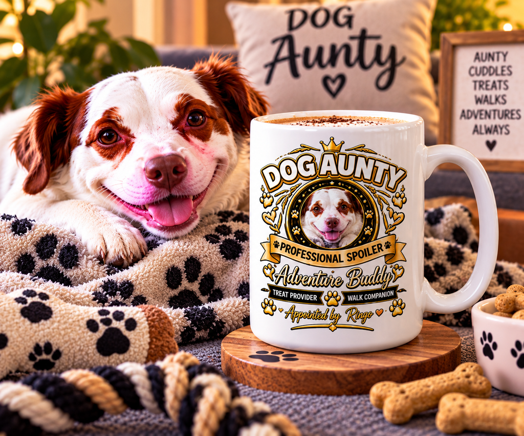 Personalised Dog Aunty mug showing personalised dog photo and name design