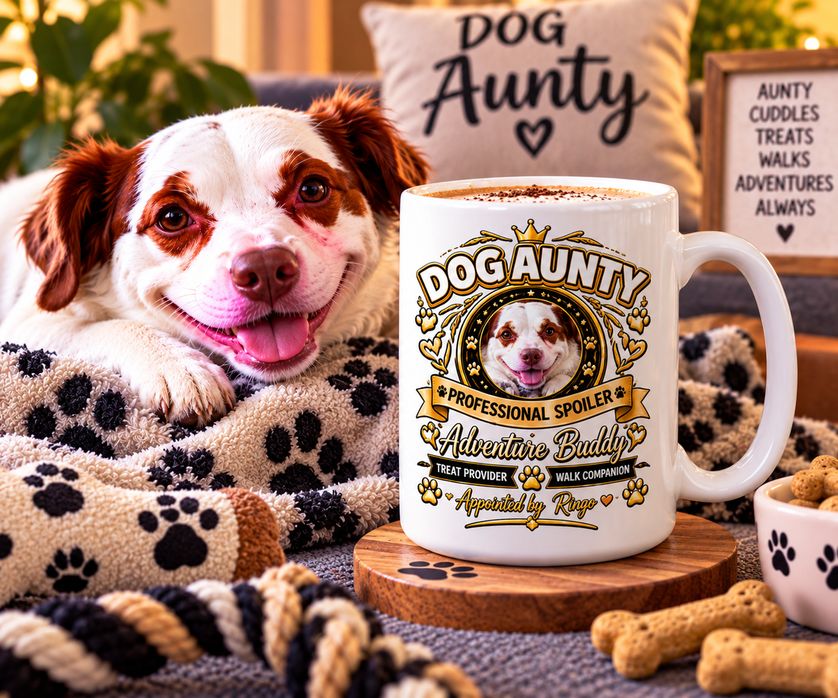 Personalised Dog Aunty mug showing personalised dog photo and name design