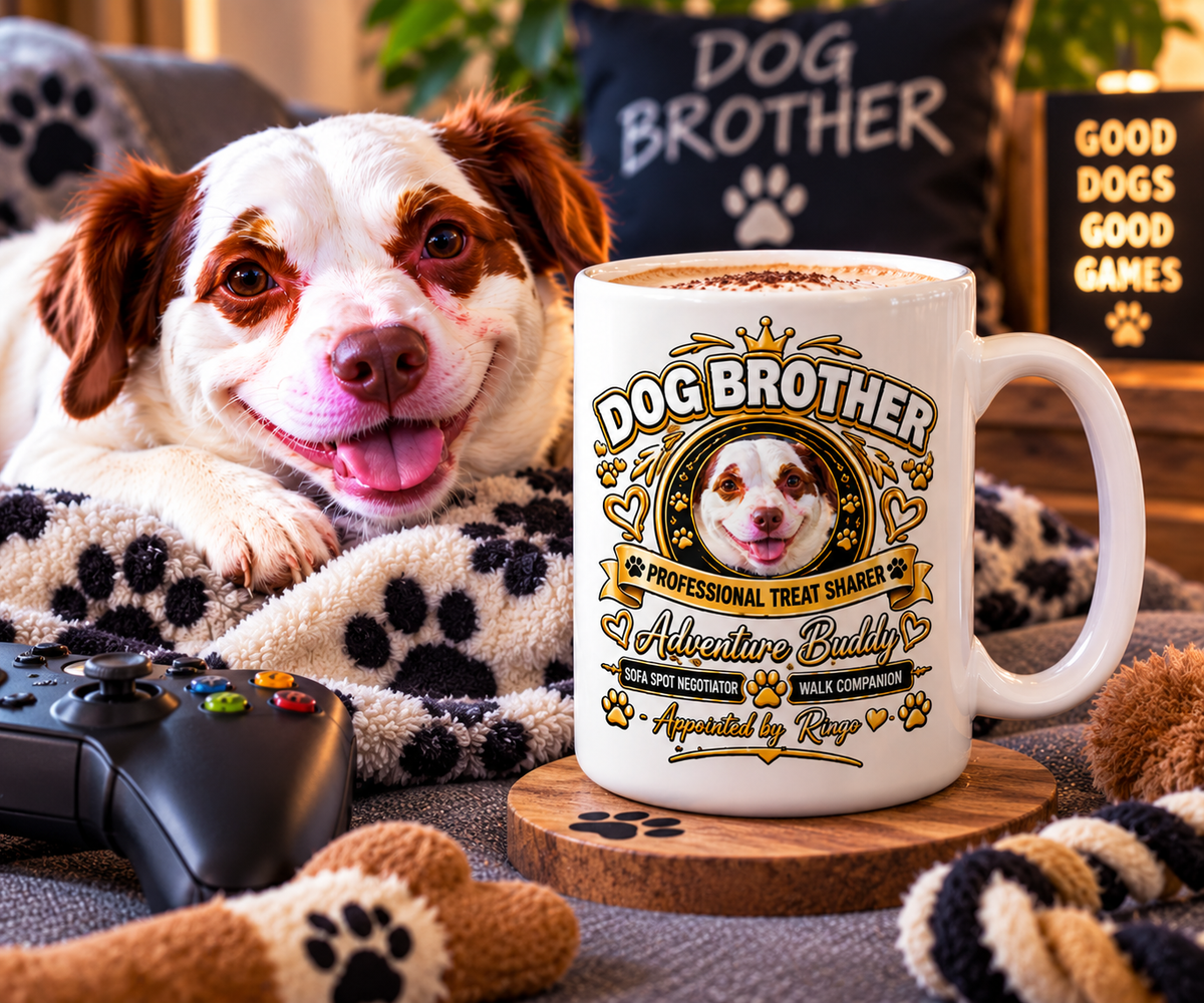 Ringo beside a personalised Dog Brother 15oz mug with custom dog photo and name 🐾☕