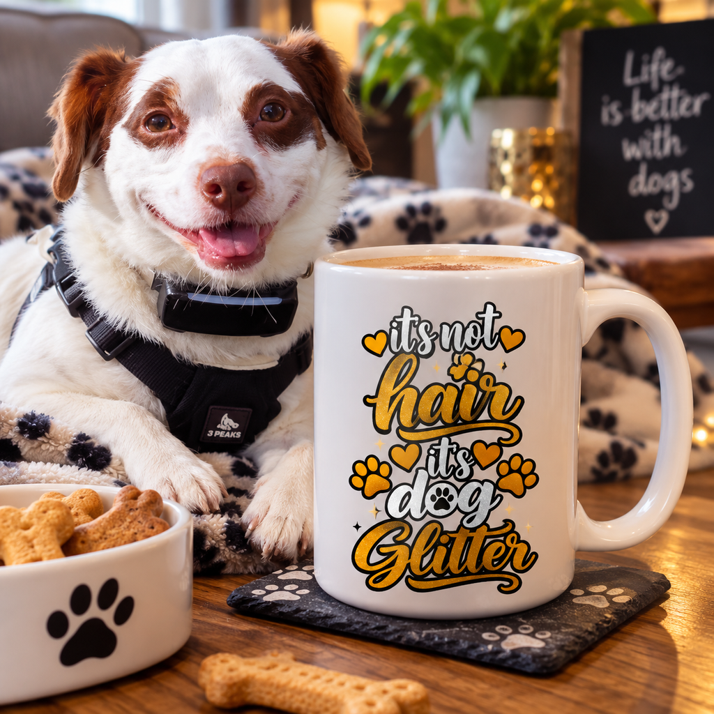Ringo beside an It’s Not Dog Hair, It’s Dog Glitter 15oz mug – funny dog lover gift