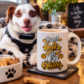 Ringo beside an It’s Not Dog Hair, It’s Dog Glitter 15oz mug – funny dog lover gift