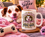 Ringo beside a personalised Dog Sister 15oz mug with custom dog photo and name 🐾☕