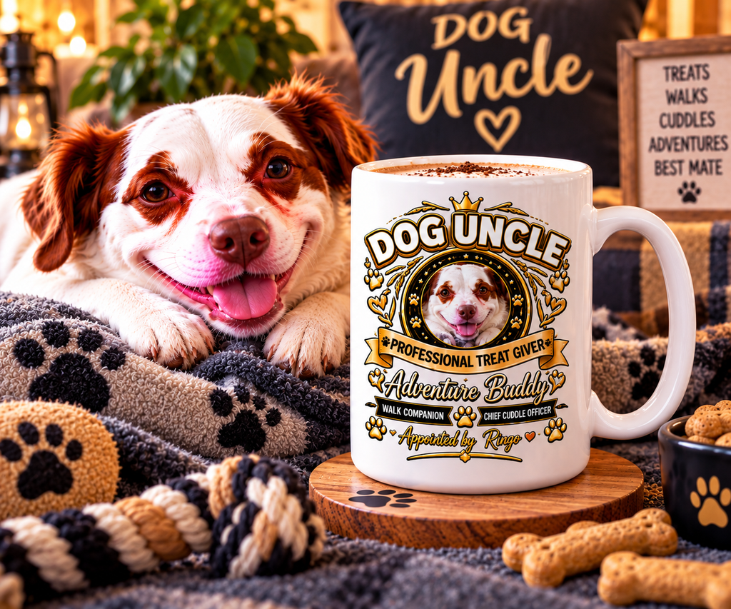Ringo beside a personalised Dog Uncle 15oz mug with custom dog photo and name