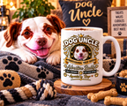 Ringo beside a personalised Dog Uncle 15oz mug with custom dog photo and name