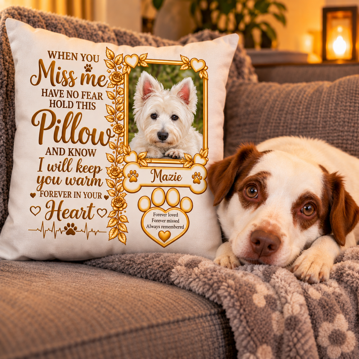 Personalised dog memorial pillow with gold text and paw print design, featuring custom dog photo and name beside Ringo