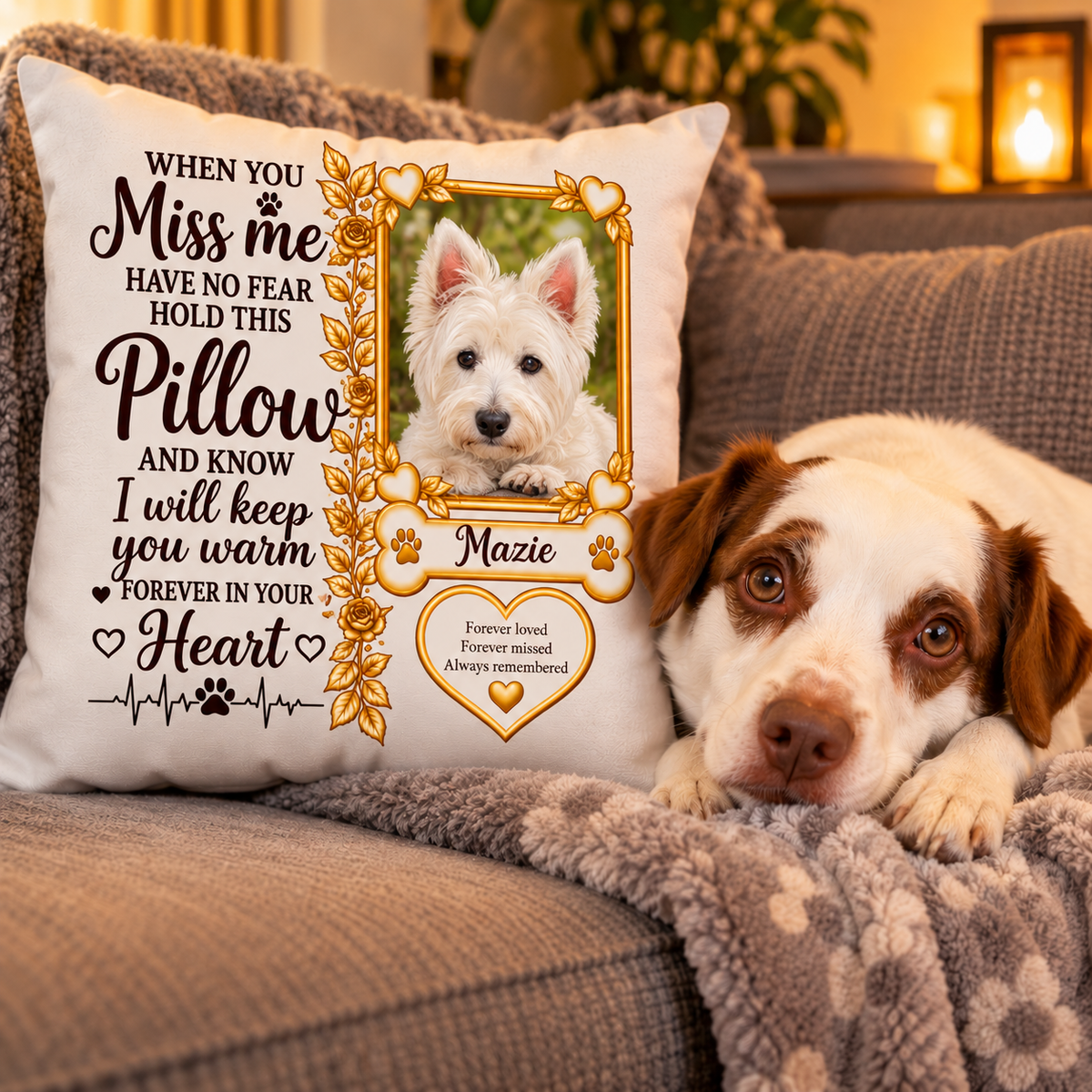 Personalised dog memorial pillow with dark text and heart design, featuring custom dog photo and name beside Ringo