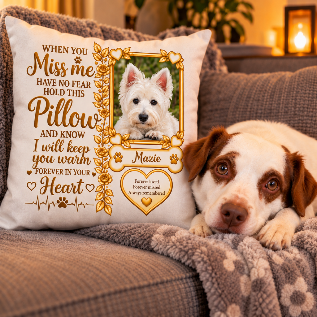 Personalised dog memorial pillow with gold text and heart design, featuring custom dog photo and name beside Ringo
