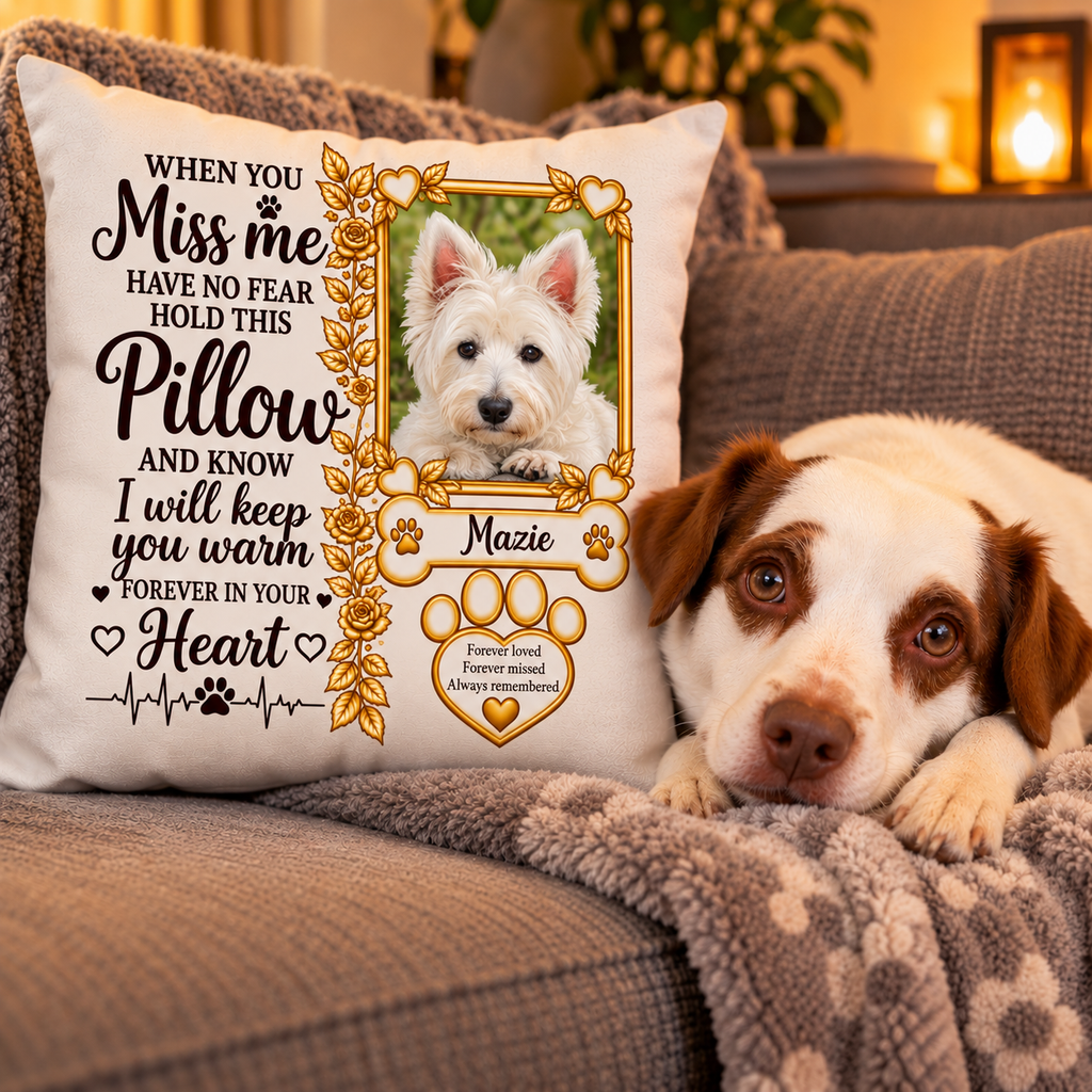 Personalised dog memorial pillow with dark text and paw print design, featuring custom dog photo and name beside Ringo