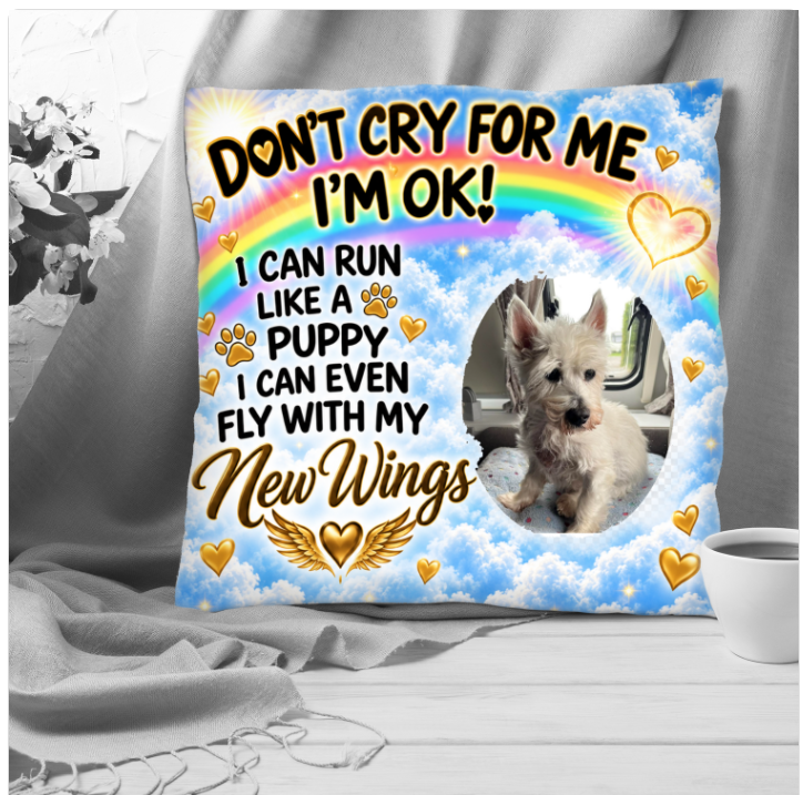 Personalised Rainbow Bridge dog memorial pillow with pet photo, rainbow, clouds, gold hearts and New Wings tribute design