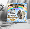 Personalised Rainbow Bridge dog memorial pillow with pet photo, rainbow, clouds, gold hearts and New Wings tribute design