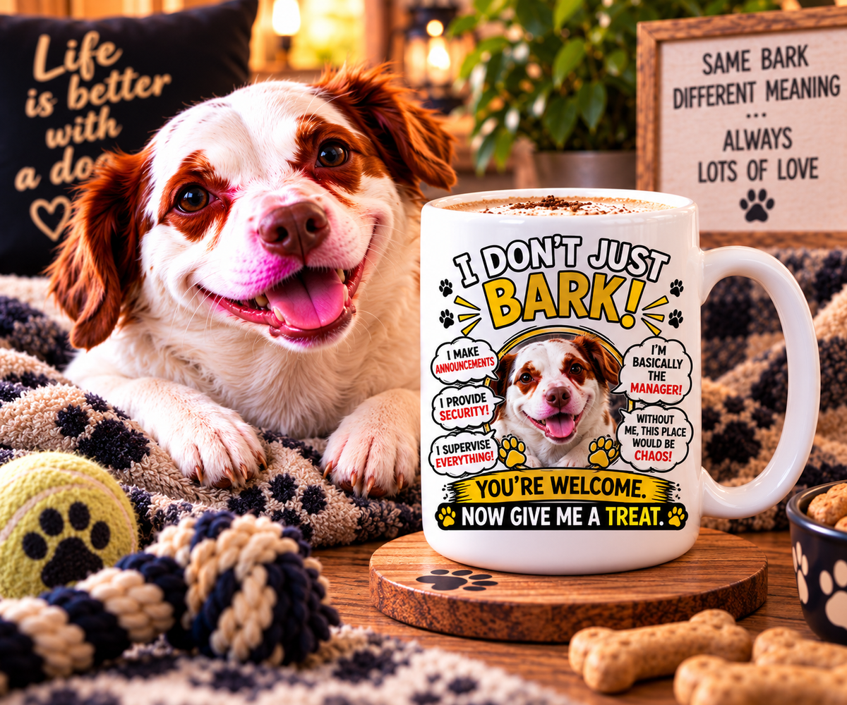 Ringo beside a personalised I Don't Just Bark 15oz mug with custom dog photo – funny dog lover gift 🐾☕