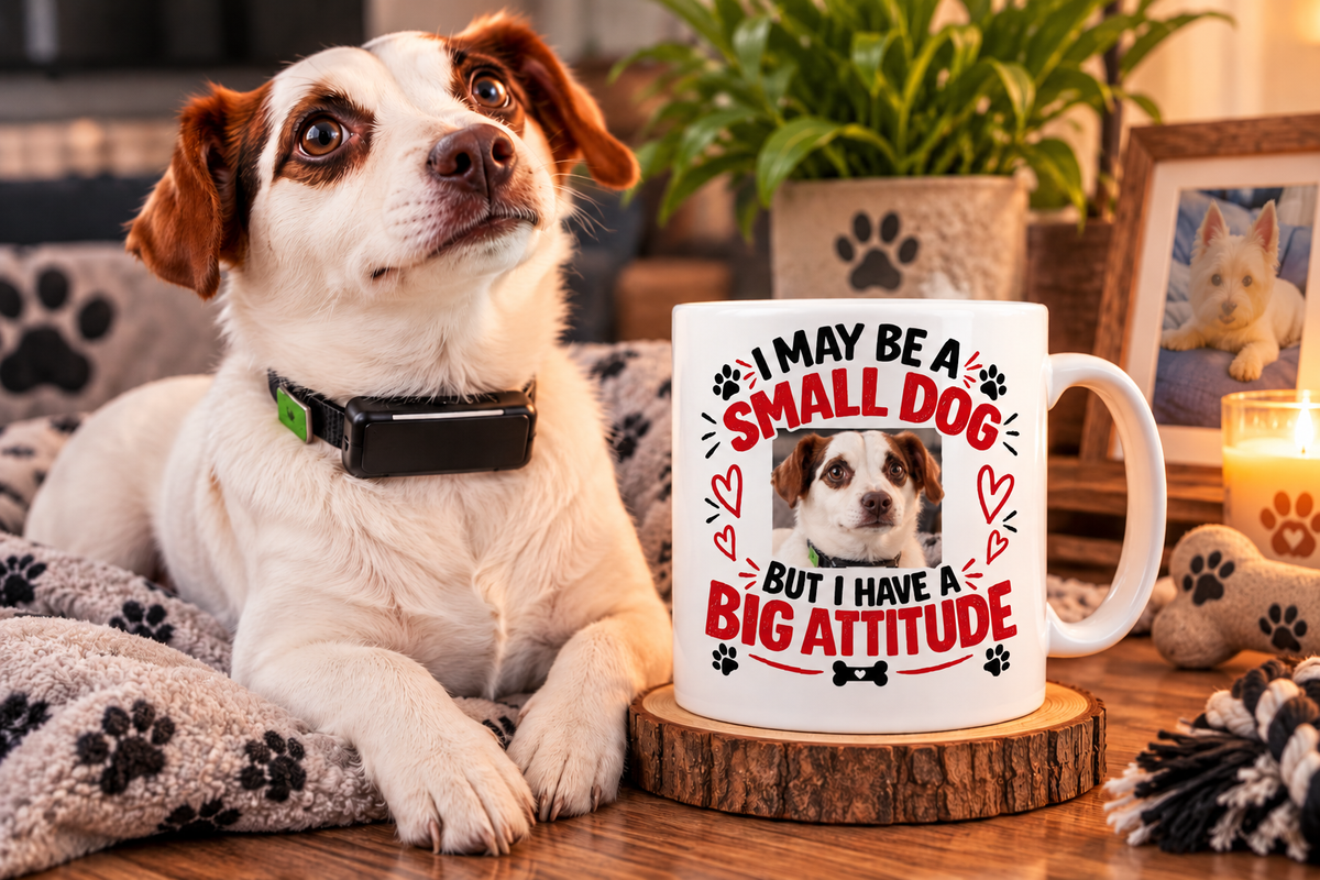 Ringo beside a personalised Small Dog Big Attitude 15oz mug with custom dog photo example