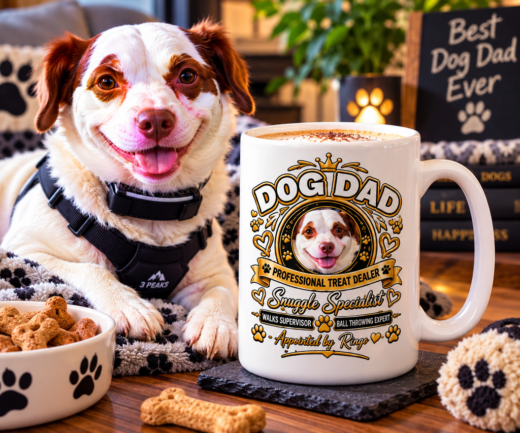 Ringo beside a personalised Dog Dad 15oz mug with custom dog photo