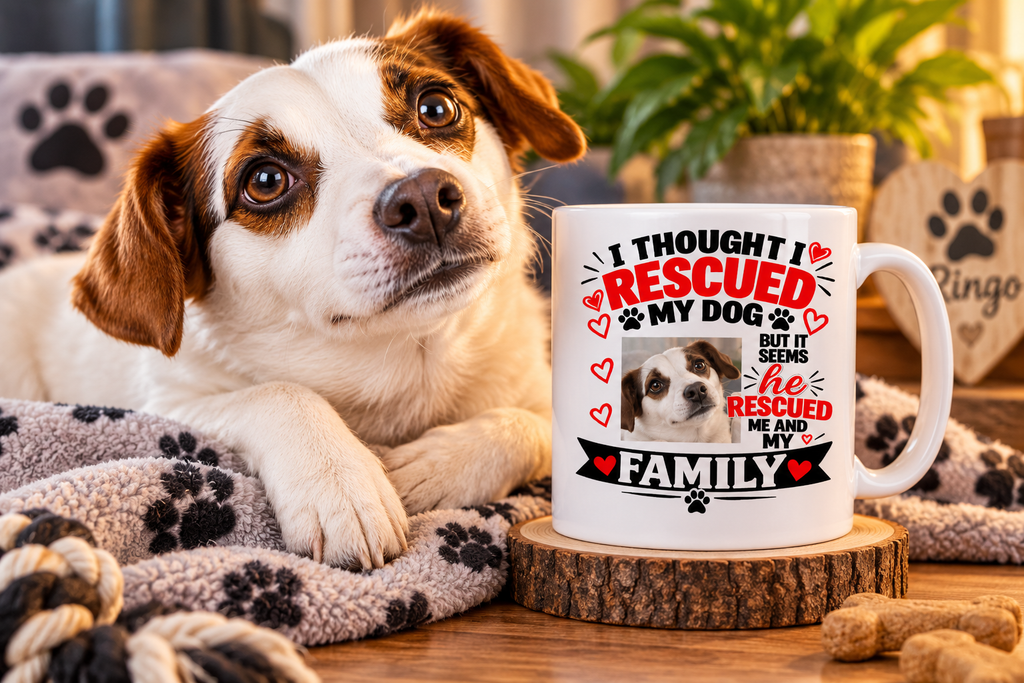 Ringo beside a personalised I Thought I Rescued My Dog He 15oz mug with custom dog photo