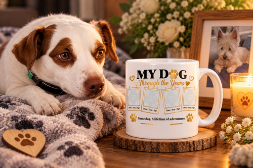 Ringo beside a personalised Pet Memorial 15oz mug with custom pet photo blank