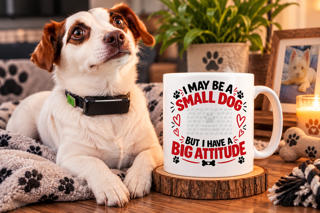 Ringo beside a personalised Small Dog Big Attitude 15oz mug with custom dog photo