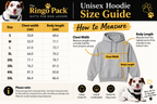 A size guide infographic for The Ringo Pack Unisex Hoodie, featuring a size chart from S to 5XL with chest and body length measurements, alongside a labeled diagram of a gray hoodie showing how to measure chest width and body length. The image includes photos of dogs and branding for The Ringo Pack.