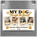 My Dog Through the Years personalised dog photo canvas featuring four photo spaces, milestone captions, optional dog's name and gold paw print details.