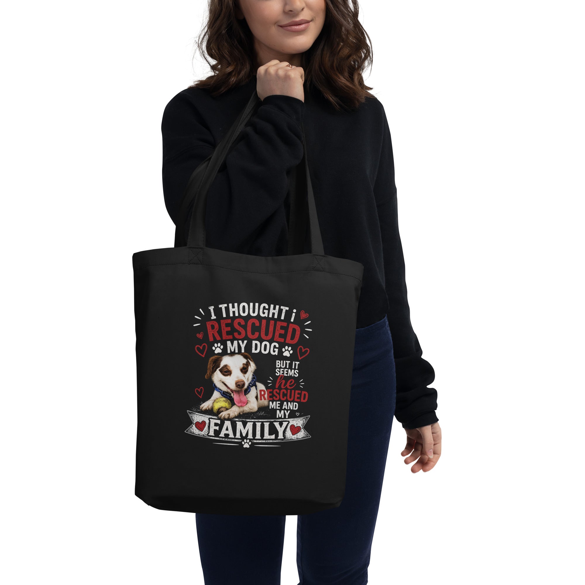 Rescued me collection Tote bag being held by a lady