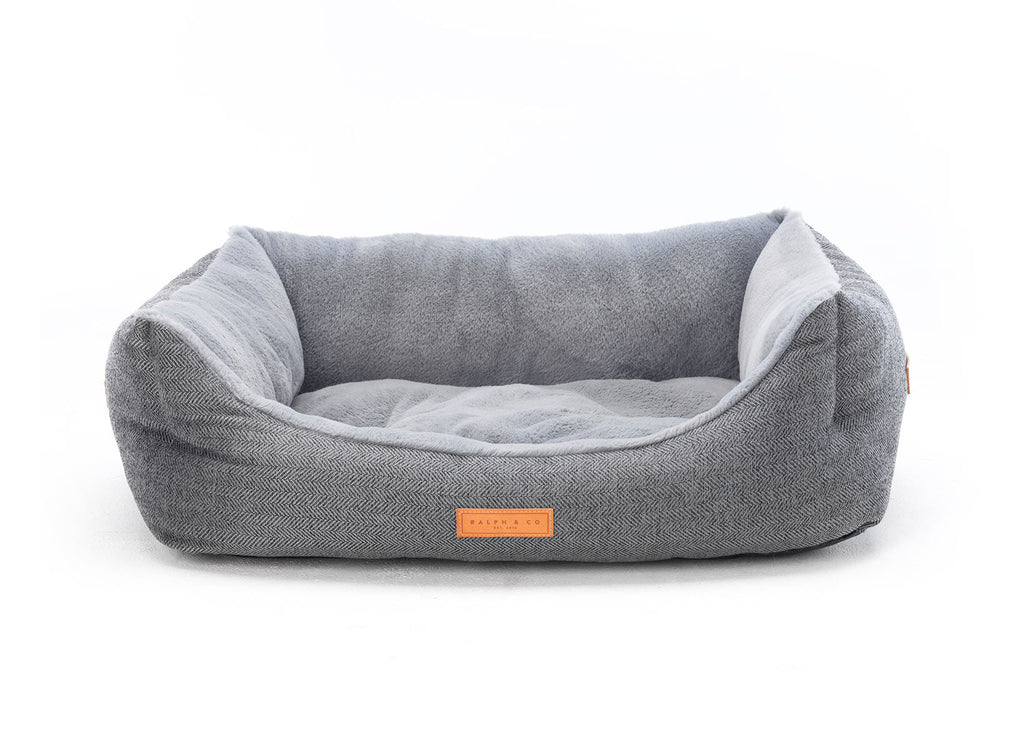 Balmoral luxury grey herringbone bolster dog bed with soft faux-fur interior