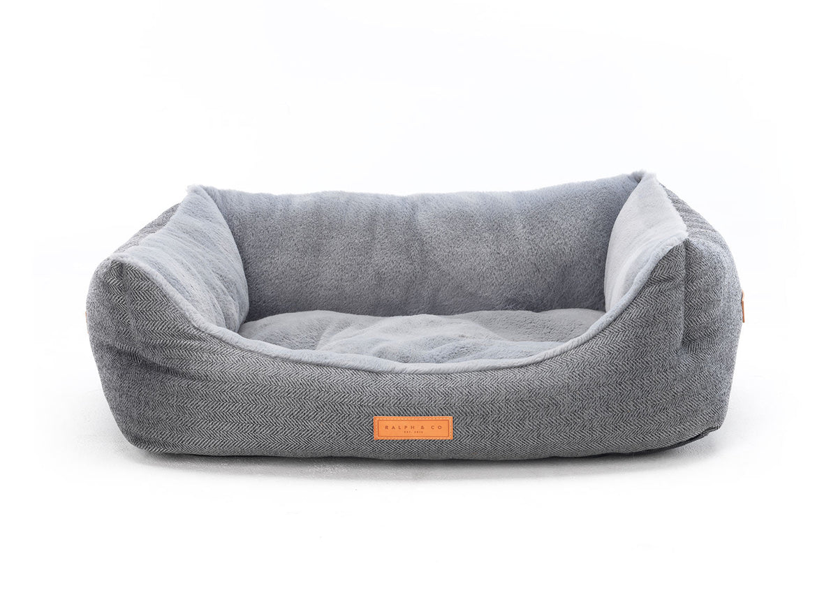 Balmoral luxury grey herringbone bolster dog bed with soft faux-fur interior