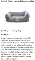 Gray herringbone Balmoral nest bed for large dogs with text description.