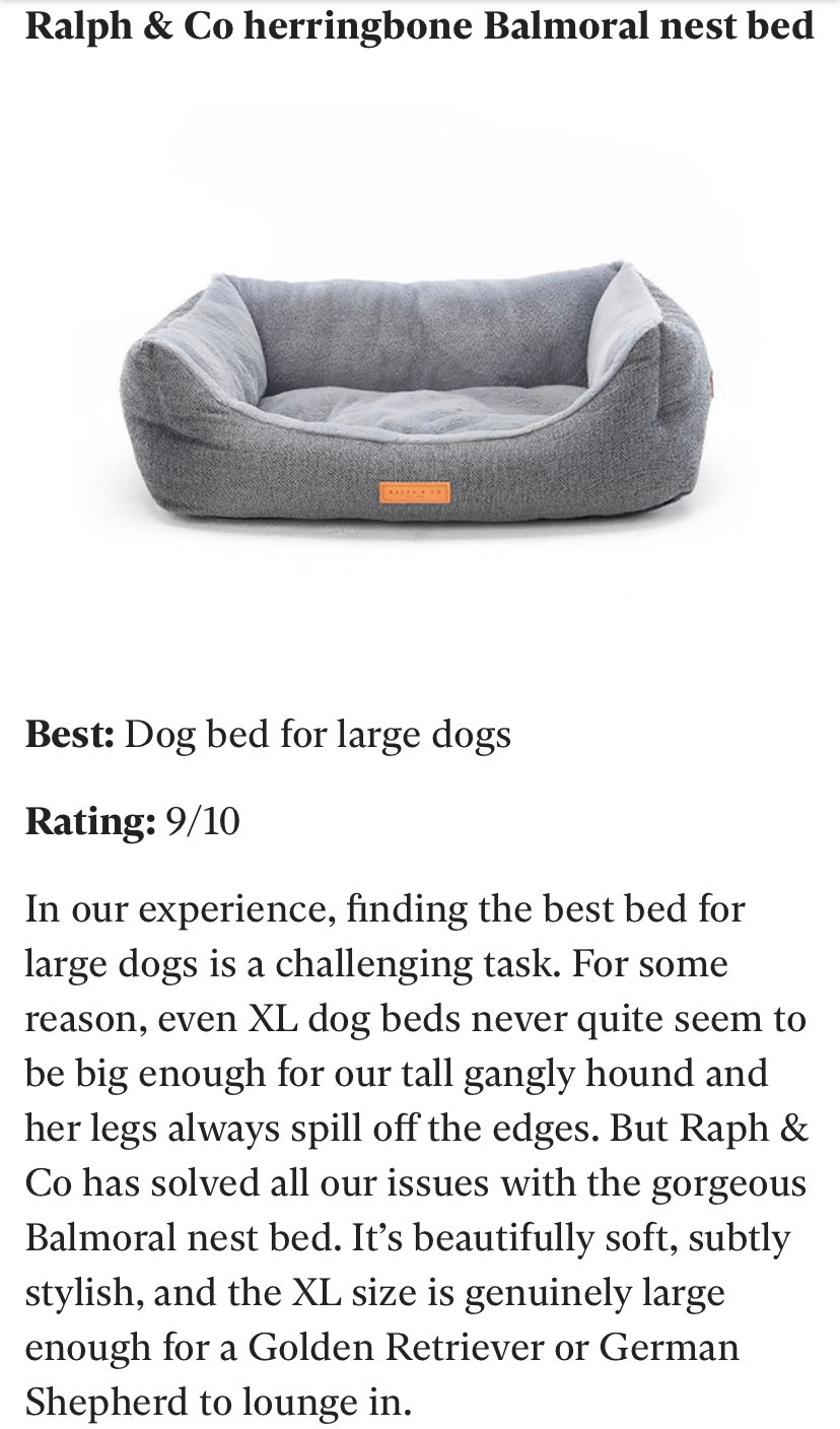 Gray herringbone Balmoral nest bed for large dogs with text description.