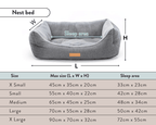 Gray pet nest bed with dimensions and sleep area details on a white background