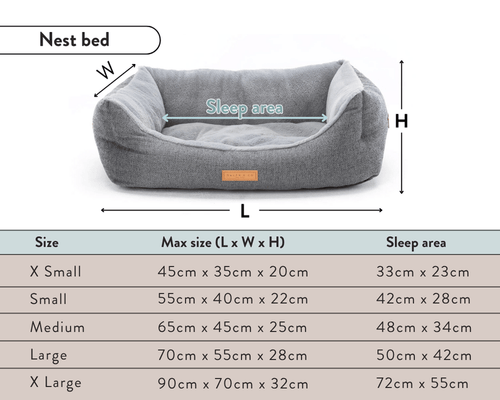 Gray pet nest bed with dimensions and sleep area details on a white background