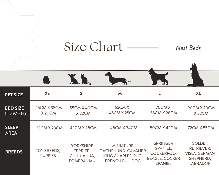 Balmoral luxury grey herringbone bolster dog bed with soft faux-fur interior size chart