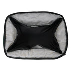 Black fabric pouch with white interior on a white background