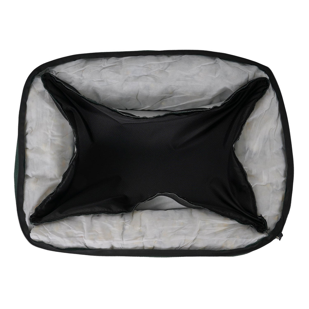 Black fabric pouch with white interior on a white background