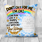 Personalised Rainbow Bridge dog memorial pillow with pet photo, rainbow, clouds, gold hearts and New Wings tribute design