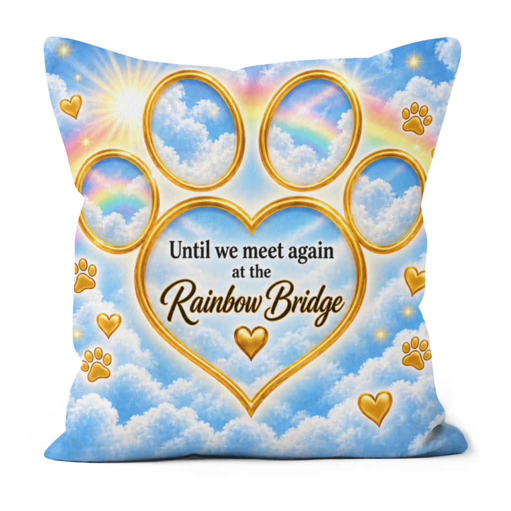 A square decorative throw pillow featuring a printed design of a golden paw print over a blue sky with clouds, rainbows, and the text 'Until we meet again at the Rainbow Bridge' with gold hearts and paw prints.