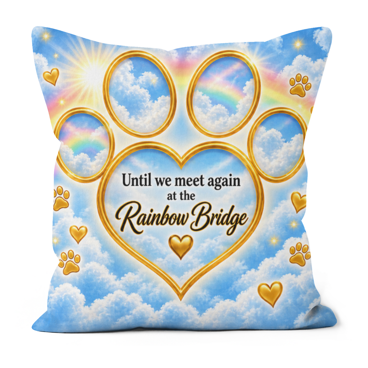 A square decorative throw pillow featuring a printed design of a golden paw print over a blue sky with clouds, rainbows, and the text 'Until we meet again at the Rainbow Bridge' with gold hearts and paw prints.