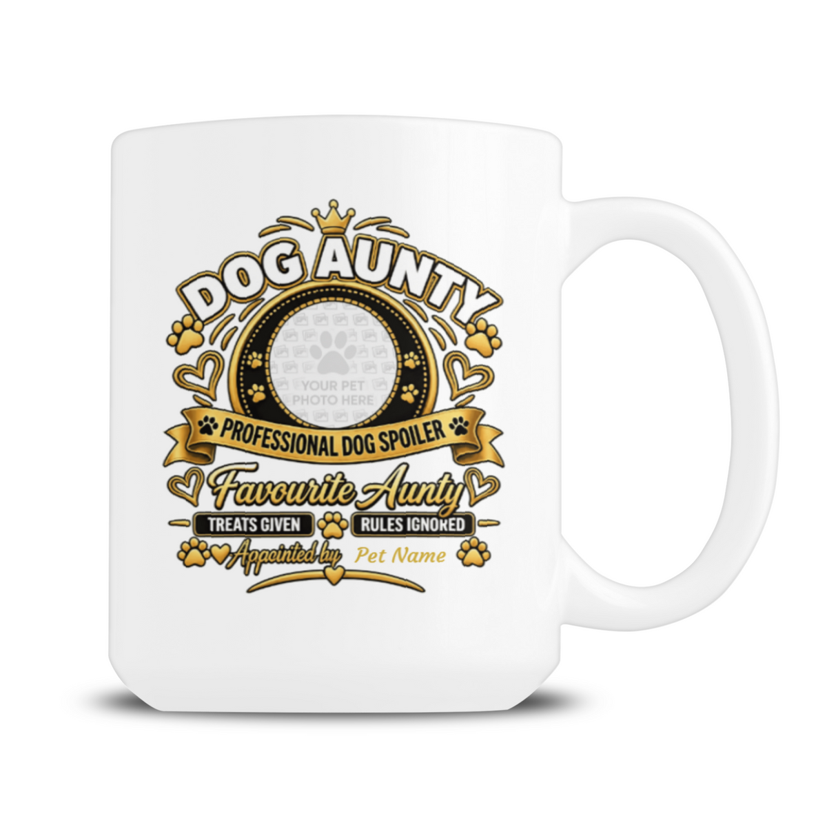 Ringo beside a personalised Dog Aunty 15oz mug with custom dog photo and name