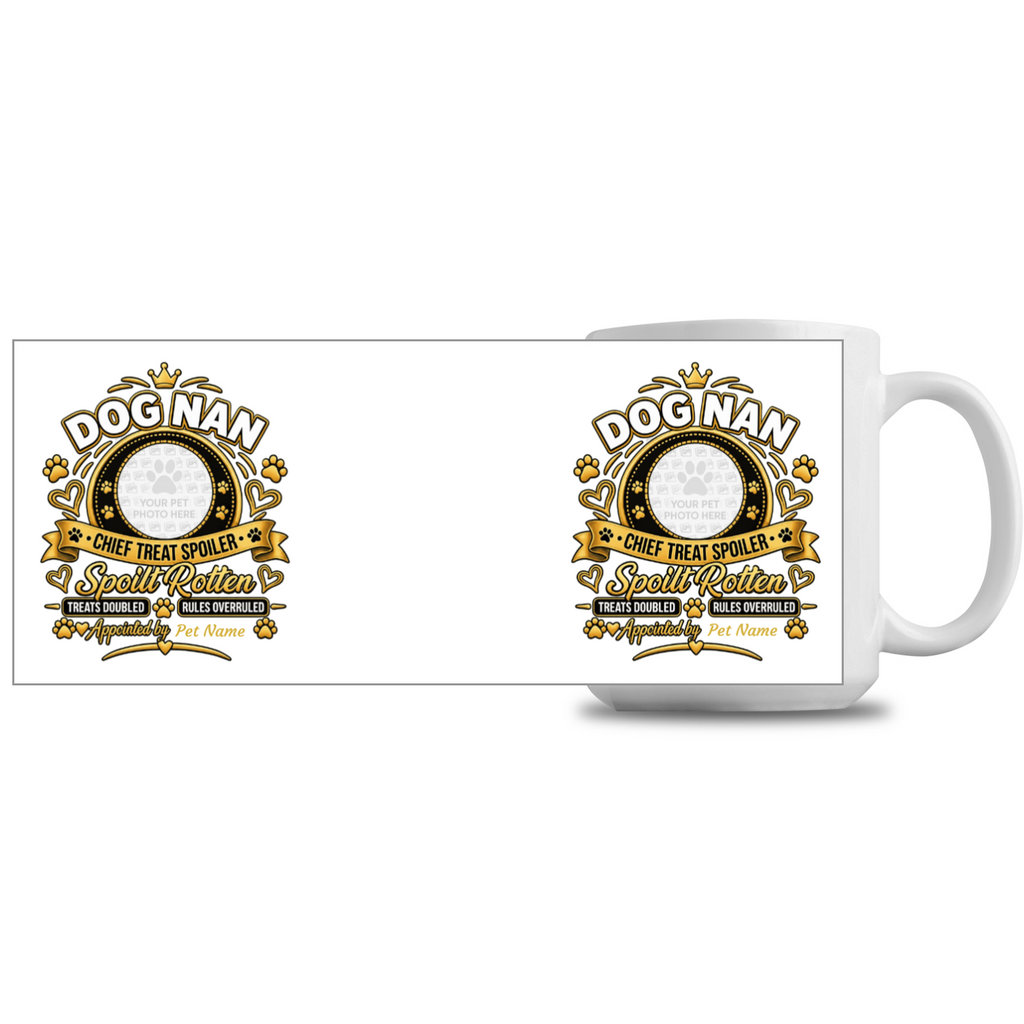 Personalised Dog Nan 15oz mug showing wraparound custom dog photo design