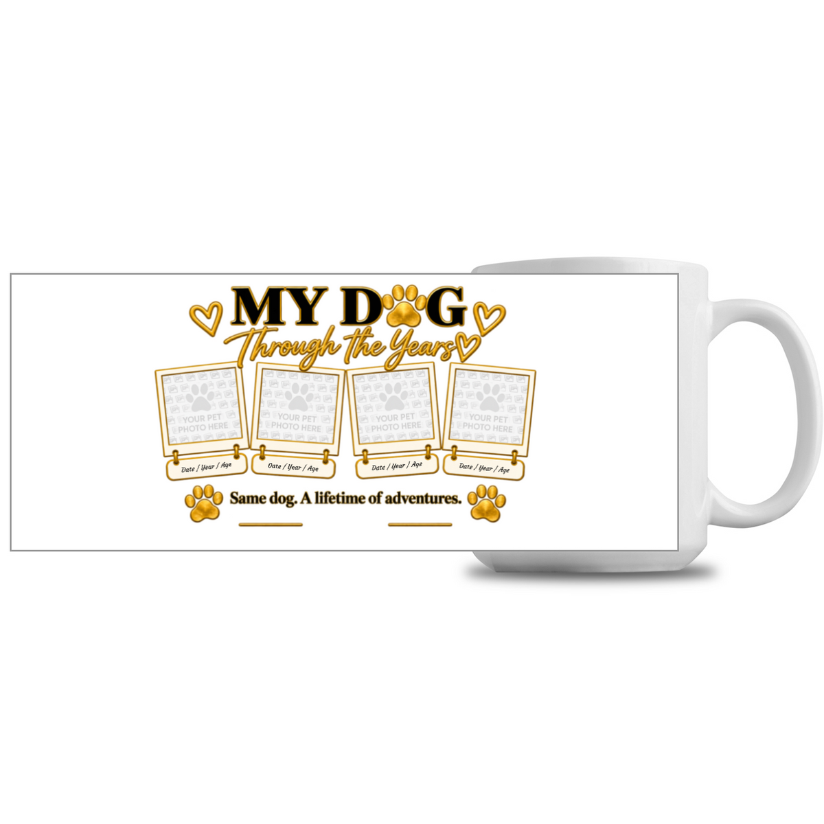 Personalised Pet Memorial 15oz mug showing wraparound custom pet photo design
