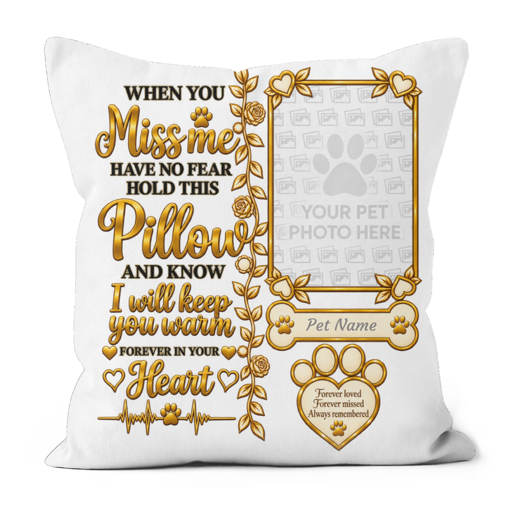 A square white pet memorial pillow featuring gold-colored printed text, floral borders, a photo frame placeholder, and a pet name badge design.