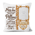 A square white pet memorial throw pillow featuring brown and gold printed text, a photo frame placeholder, and a heart-shaped memorial section with the text 'Forever loved. Forever missed.