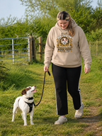 Woman walking her dog wearing a personalised Dog Sister hoodie with custom dog photo and name